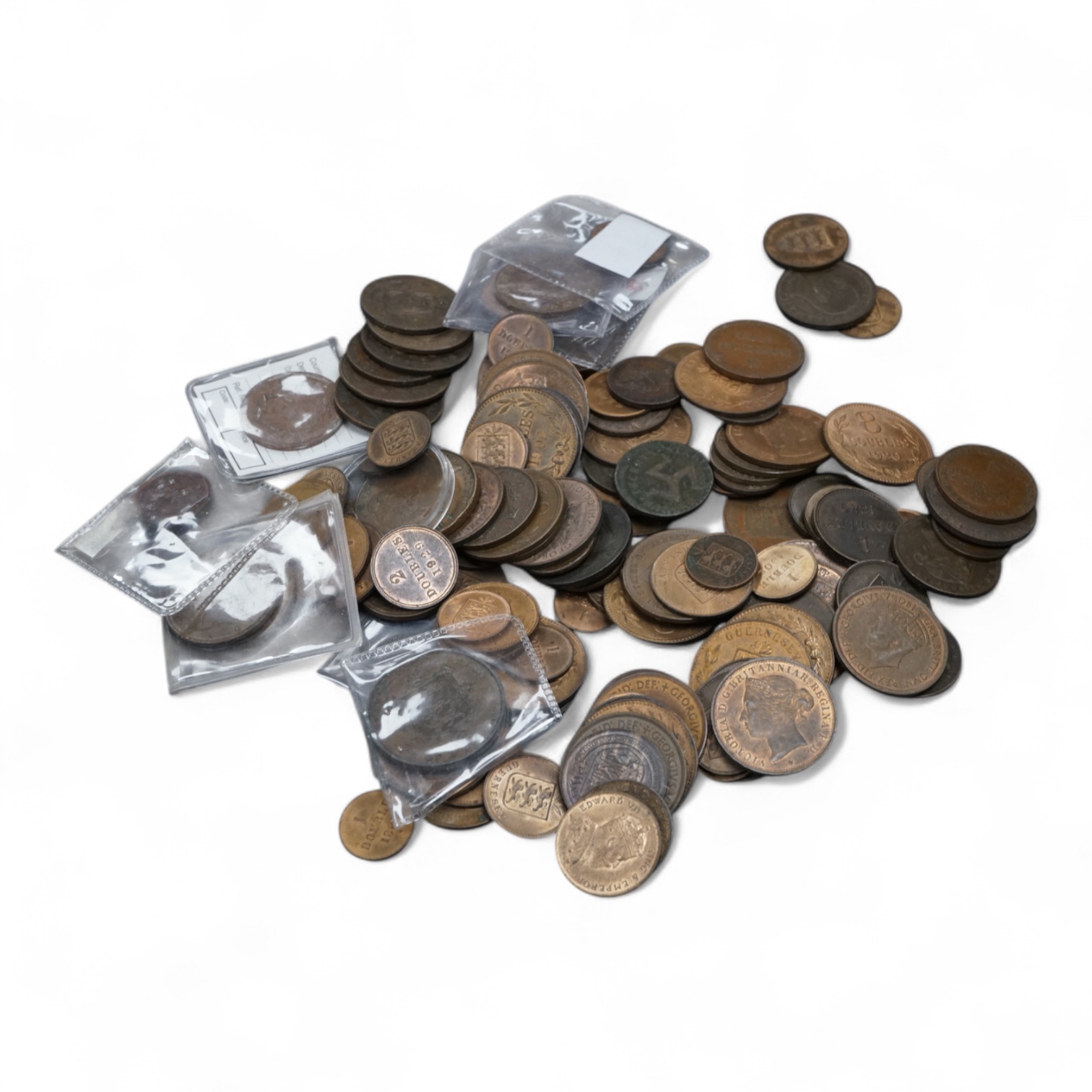 A collection of Guernsey and Channel Islands coins, Victoria to George V, many EF to UNC, Together with a C. Brooke rajah Sarawak, one cent, 1870, about EF